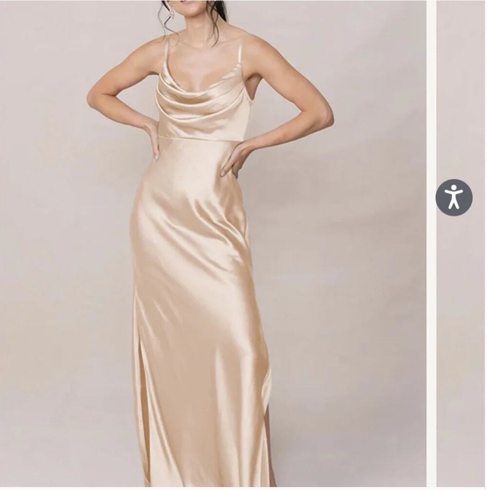 EUC $200 Revelry Gold Champagne Satin Skye Bridesmaid Wedding Dress